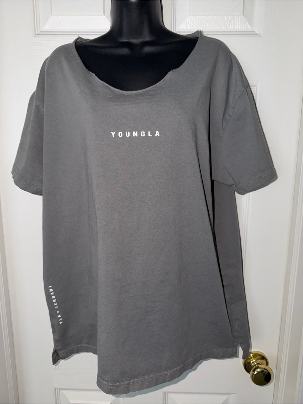 YoungLA x Jerdani 447 Collection Raw Cut Wide Neck Tee Gray Cotton Shirt